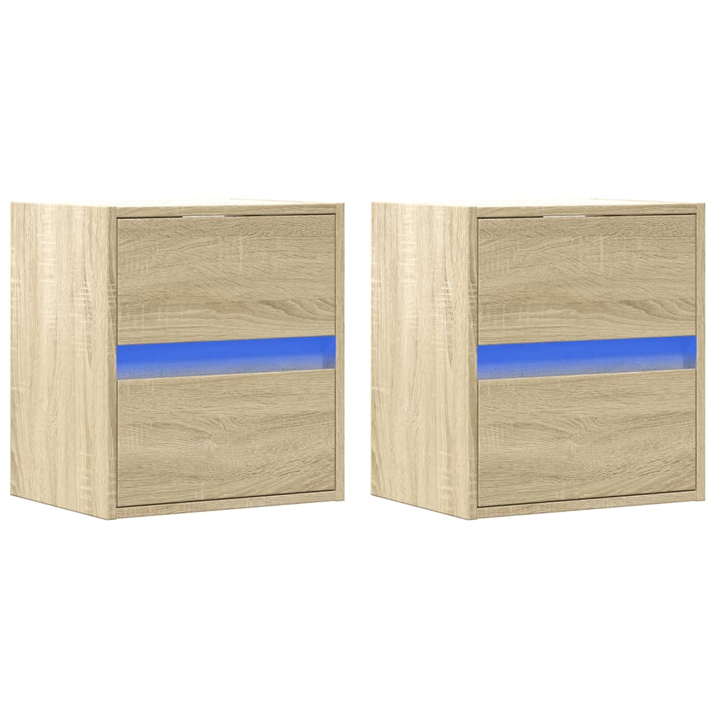 Comodini a Parete con luci LED 2 pz Rovere Sonoma