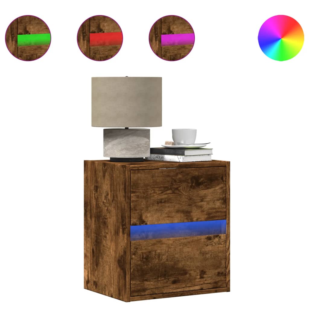 Comodini a Parete con luci LED 2 pz Rovere Fumo