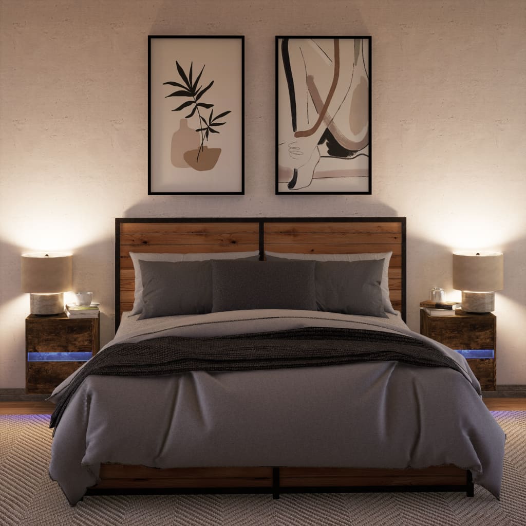 Comodini a Parete con luci LED 2 pz Rovere Fumo