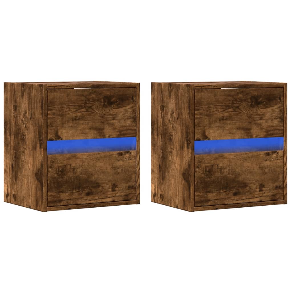 Comodini a Parete con luci LED 2 pz Rovere Fumo