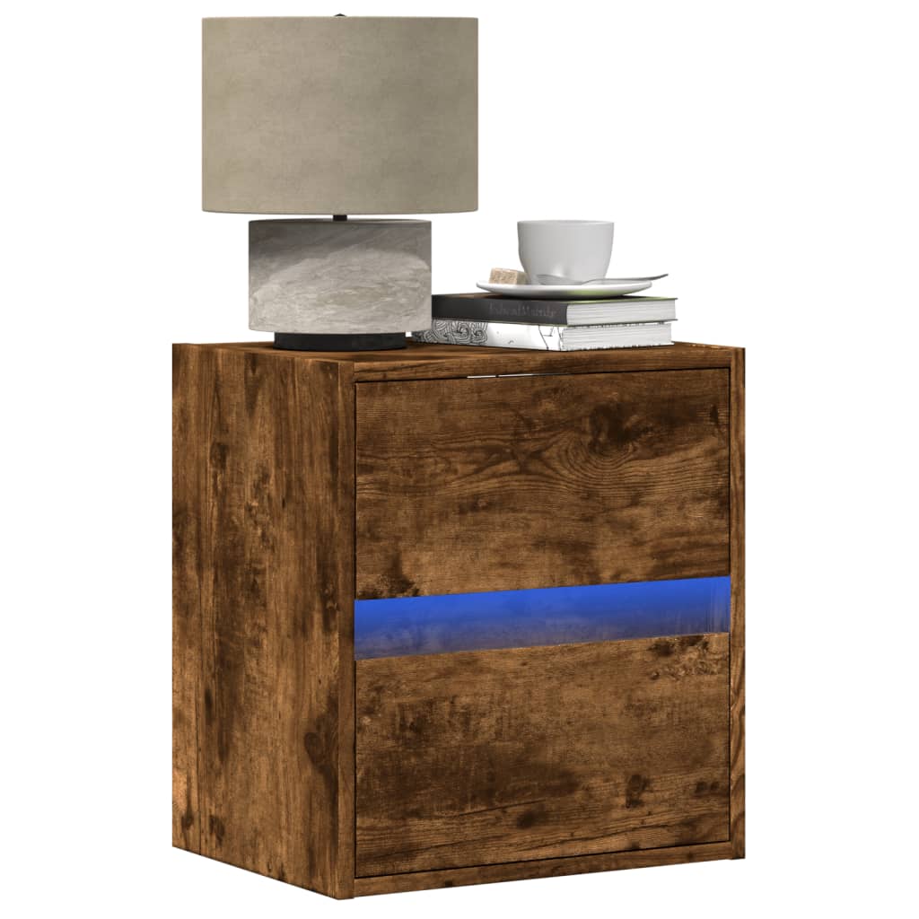 Comodini a Parete con luci LED 2 pz Rovere Fumo