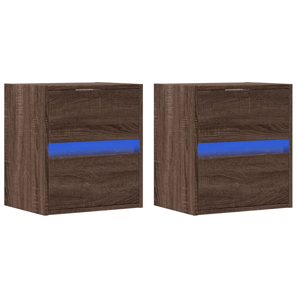 Comodini a Parete con luci LED 2 pz Rovere Marrone