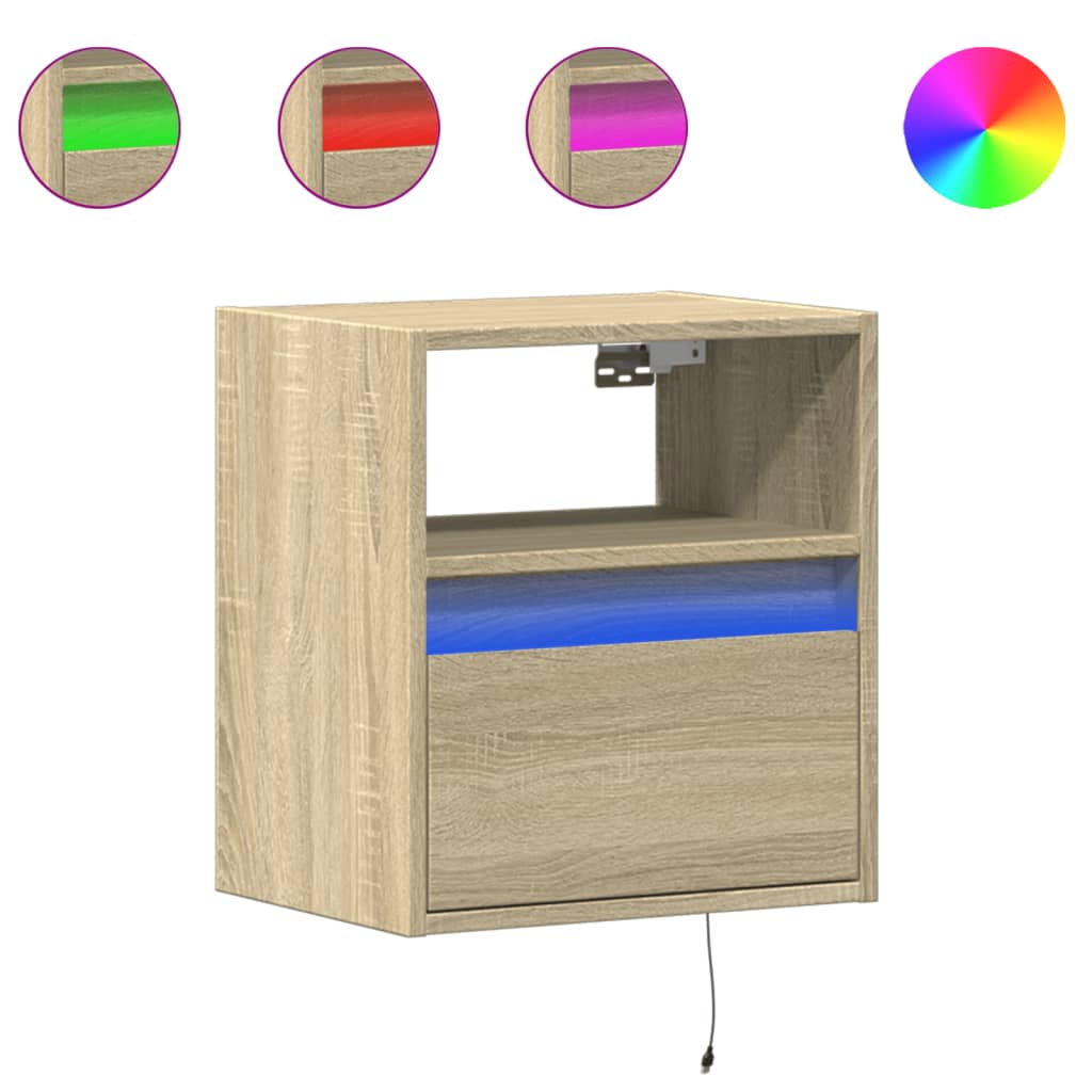 Comodino a Parete con luci LED Rovere Sonoma
