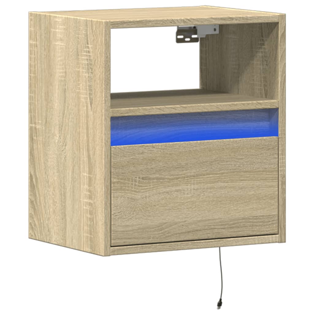 Comodino a Parete con luci LED Rovere Sonoma