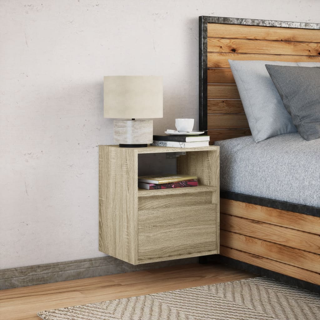 Comodino a Parete con luci LED Rovere Sonoma