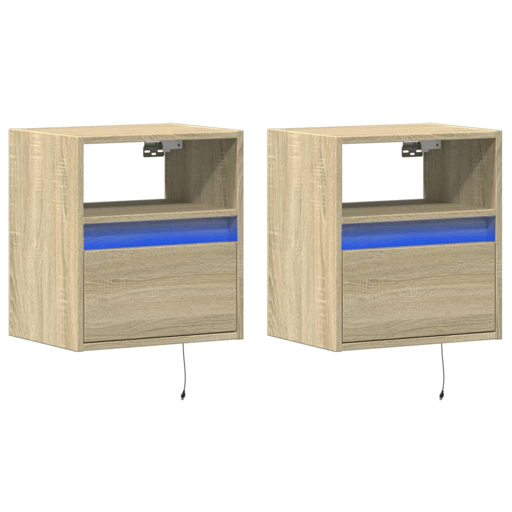 Comodini a Parete con luci LED 2 pz Rovere Sonoma