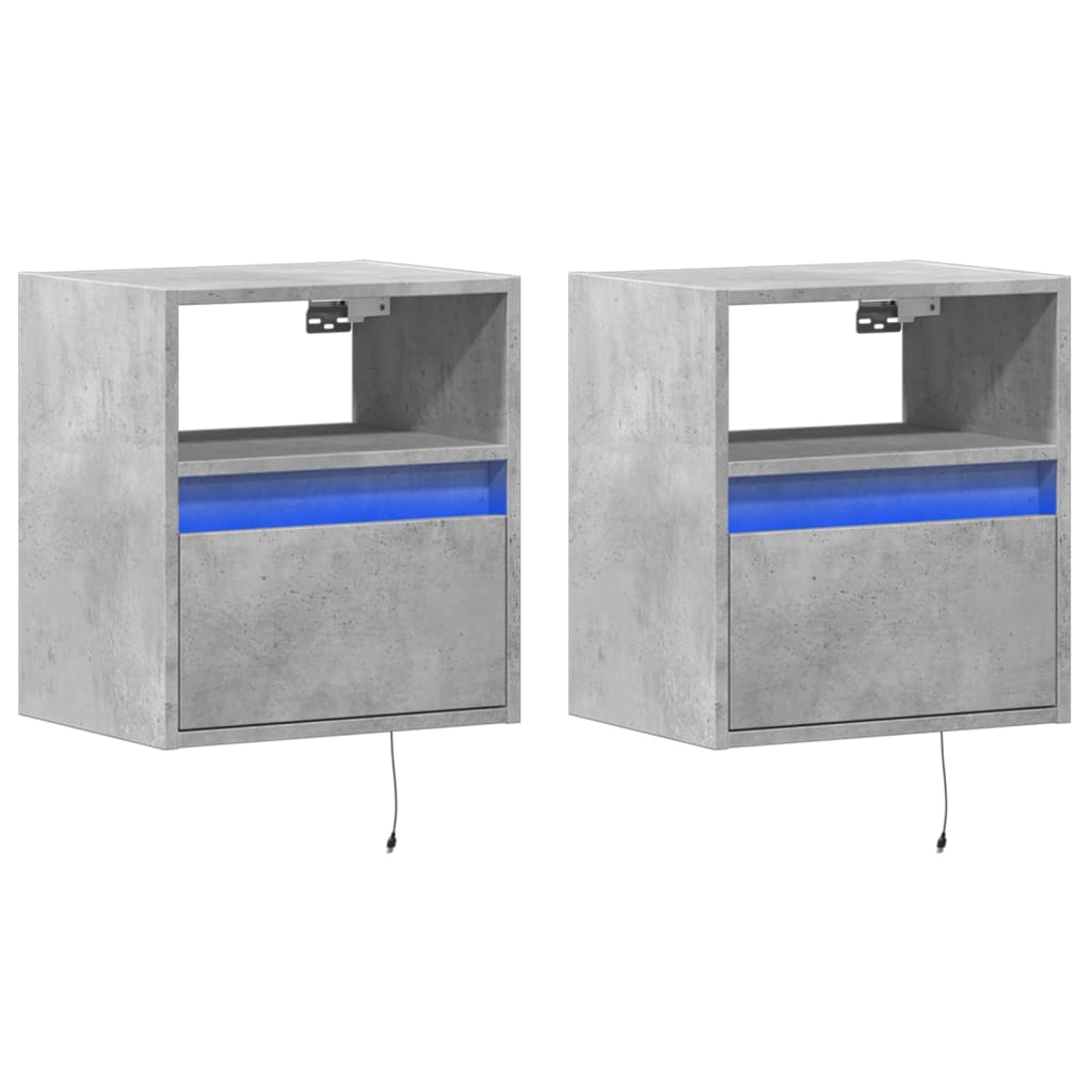 Comodini a Parete con Luci LED 2 pz Grigio Cemento