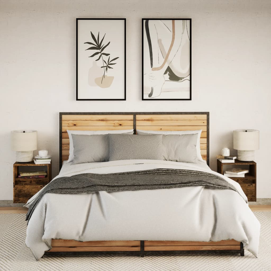 Comodini a Parete con luci LED 2 pz Rovere Fumo