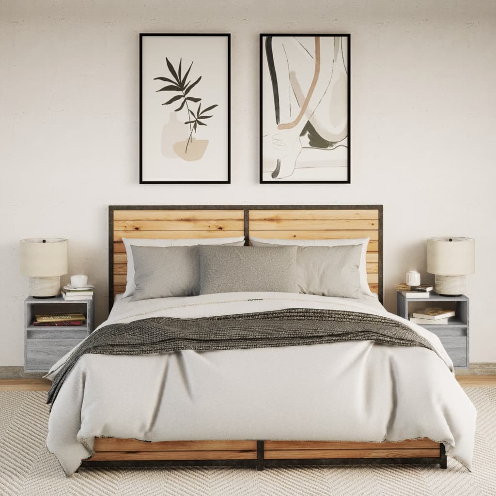 Comodini a Parete con luci LED 2 pz Grigio Sonoma