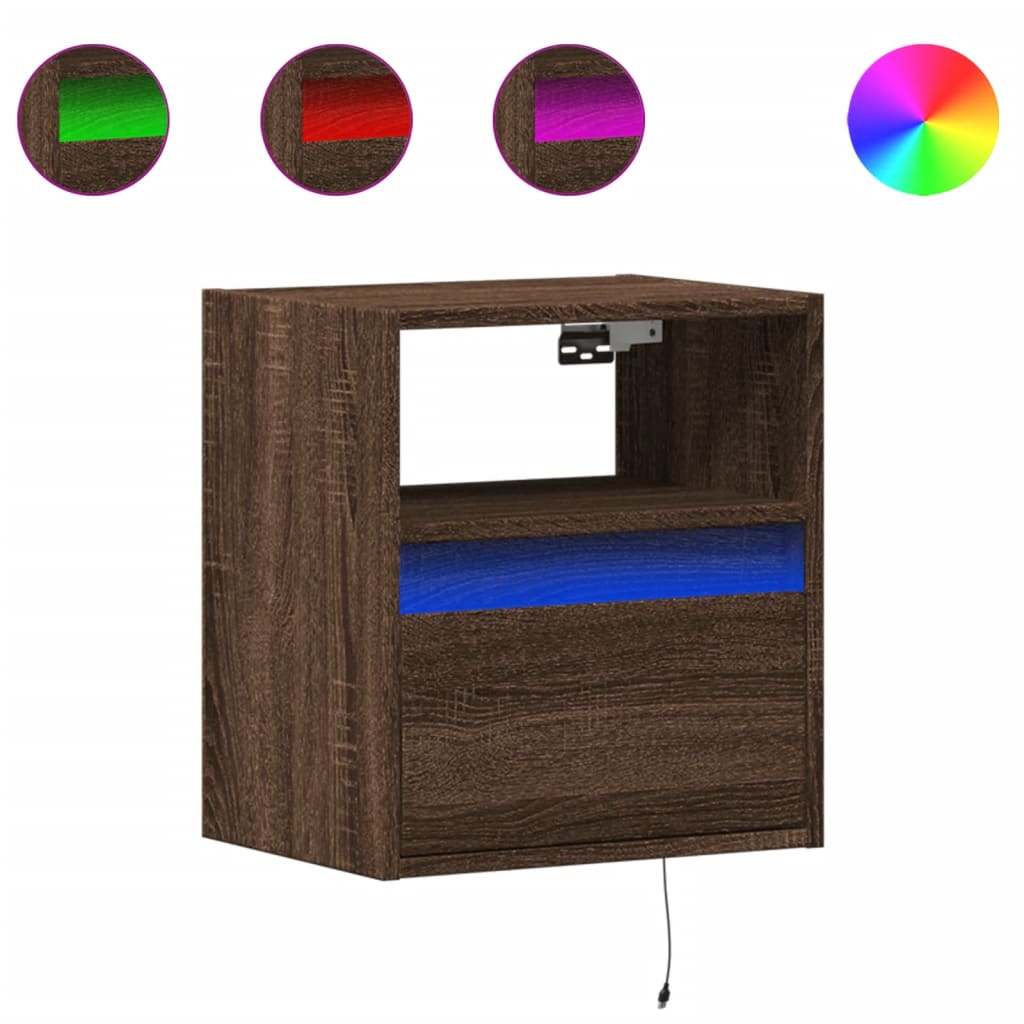 Comodino a Parete con luci LED Rovere Marrone