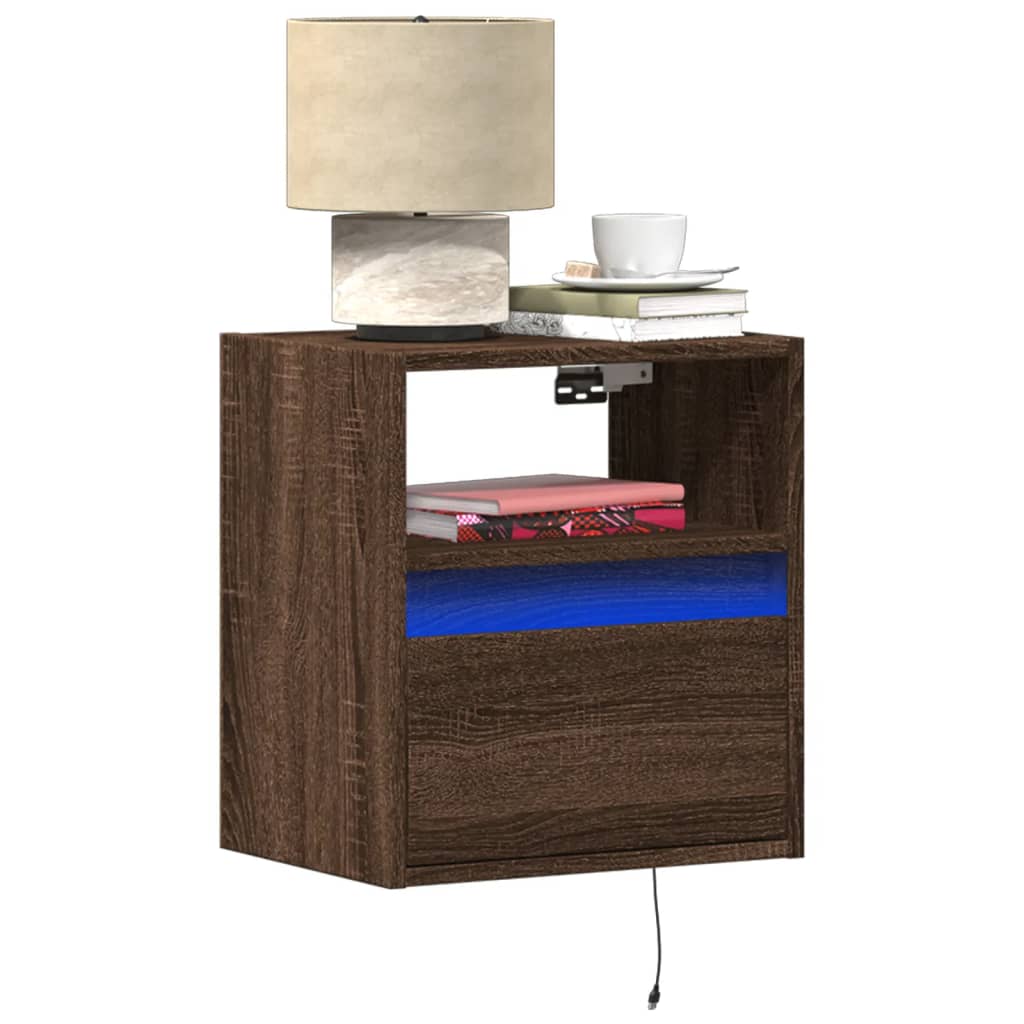 Comodino a Parete con luci LED Rovere Marrone