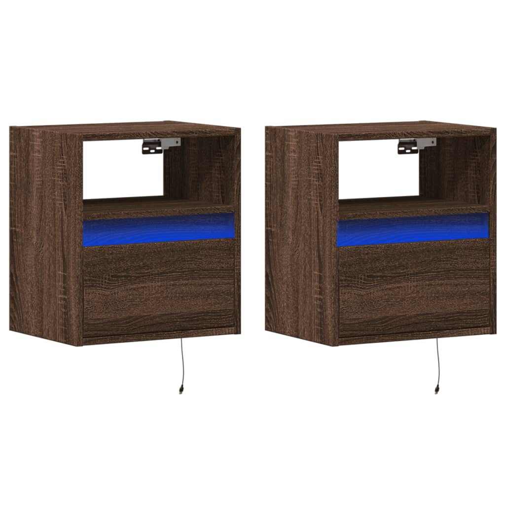 Comodini a Parete con luci LED 2 pz Rovere Marrone