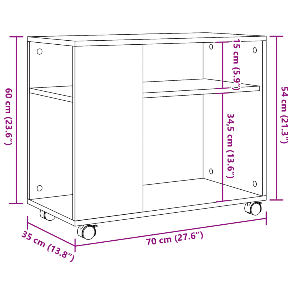 Tavolino con Ruote Legno Antico 70x35x60cm in Truciolato
