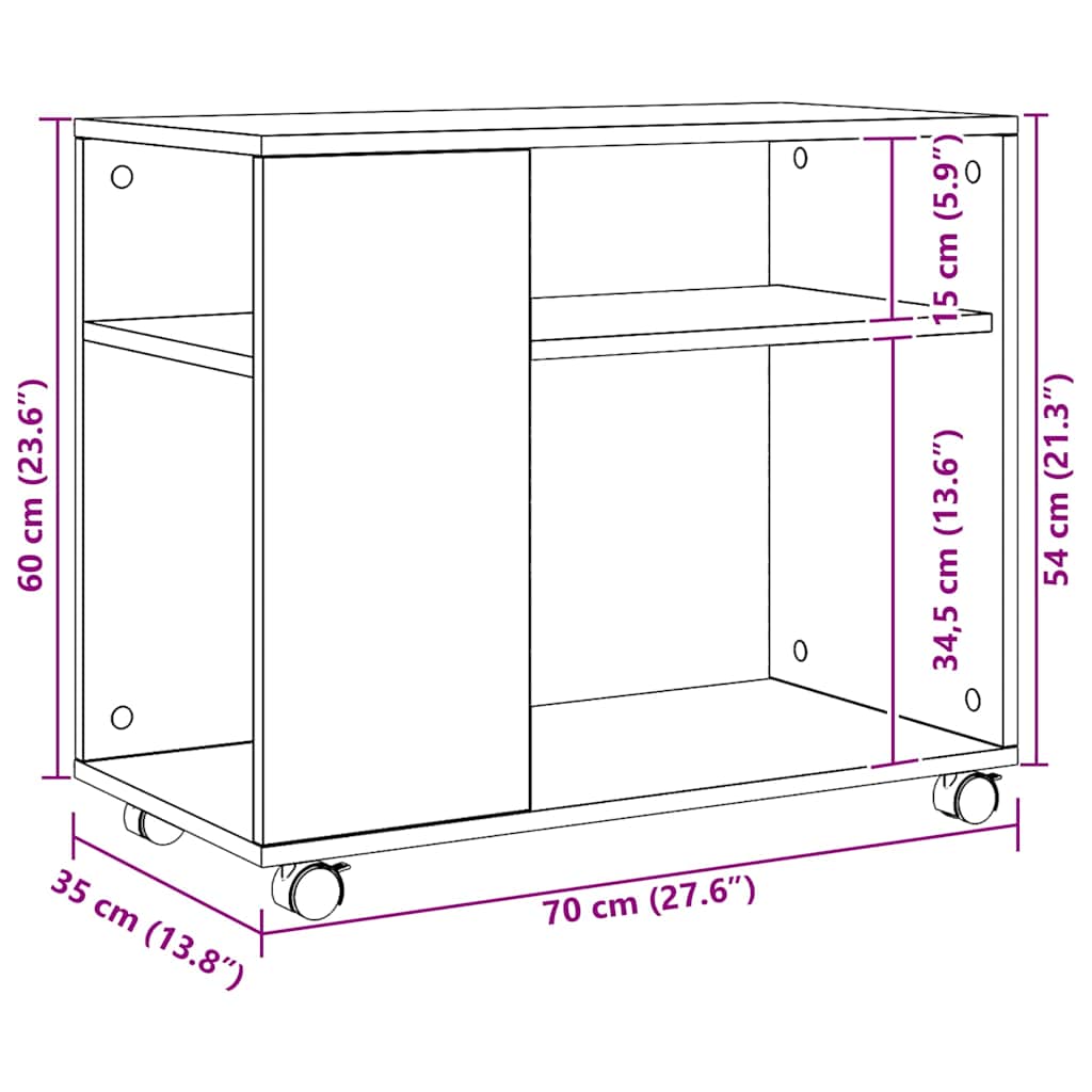 Tavolino con Ruote Rovere Artigianale 70x35x60 cm in Truciolato