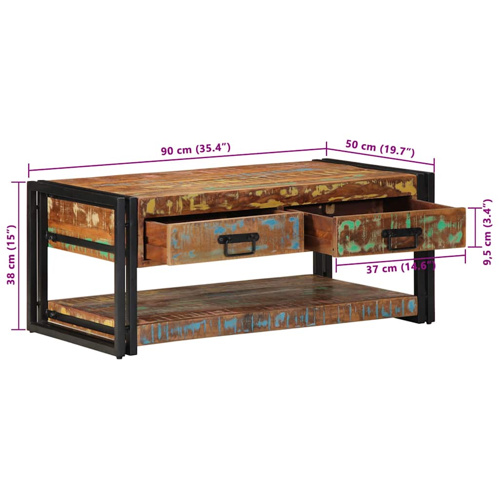 Tavolino Salotto Multicolore 90x50x38cm Legno Massello Recupero