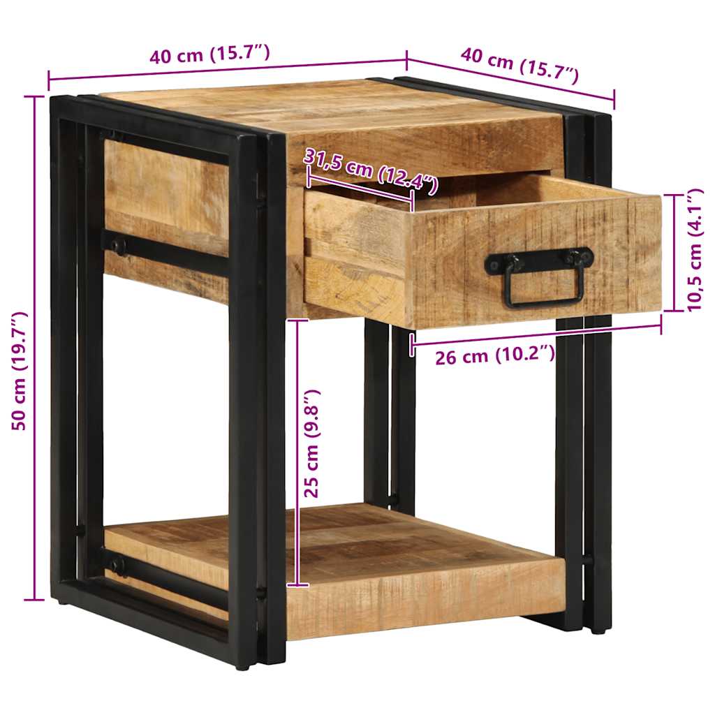 Comodini 2 pz 40x40x50 cm in Legno Massello di Mango Grezzo