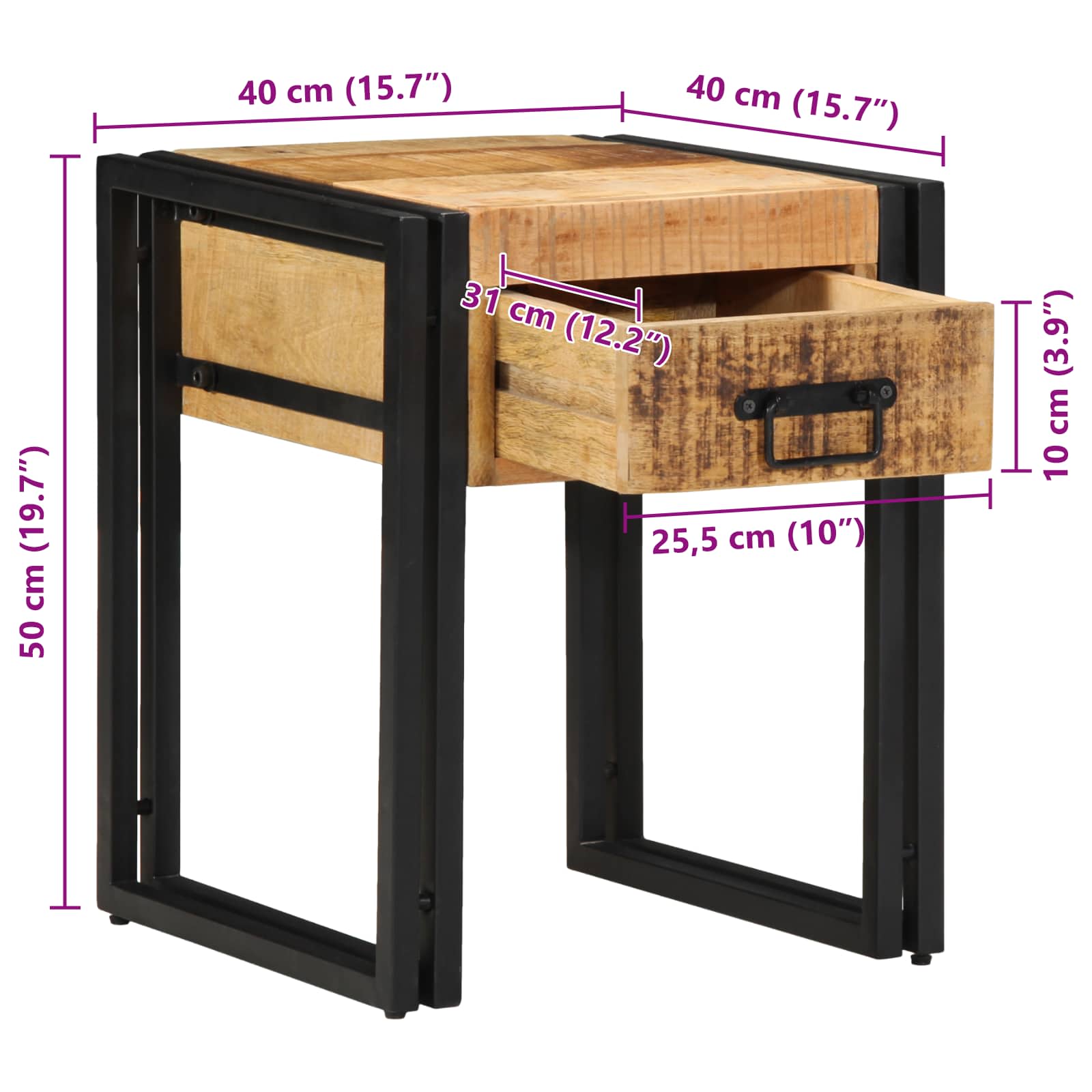 Tavolino Marrone e Nero 40 x 40 x 50 cm Legno di mango massello
