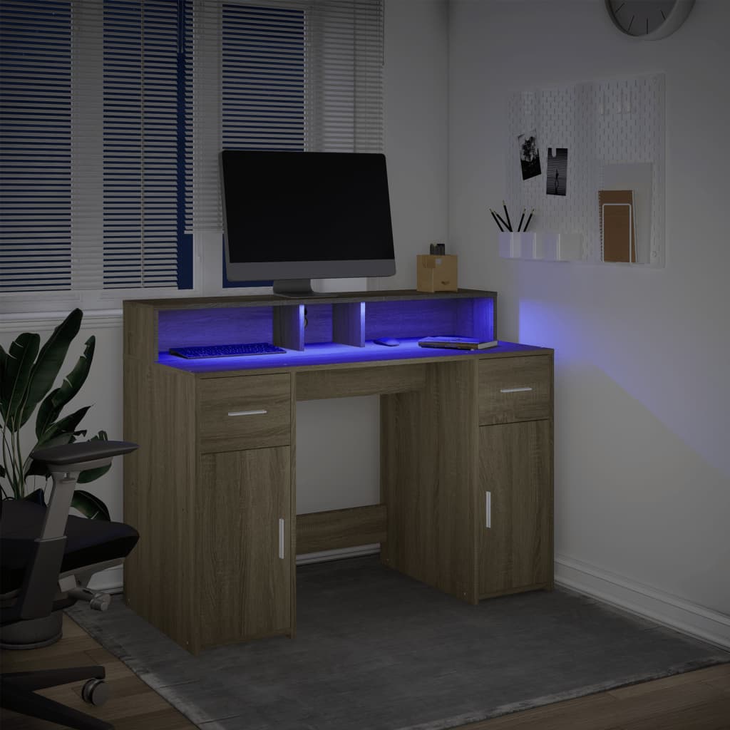 Scrivania con Luci LED Rovere Sonoma 120x55x91cm in Multistrato