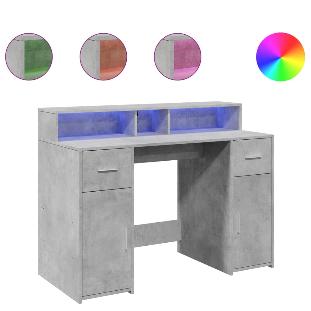 Scrivania con Luci LED Grigio Cemento 120x55x91 cm Multistrato
