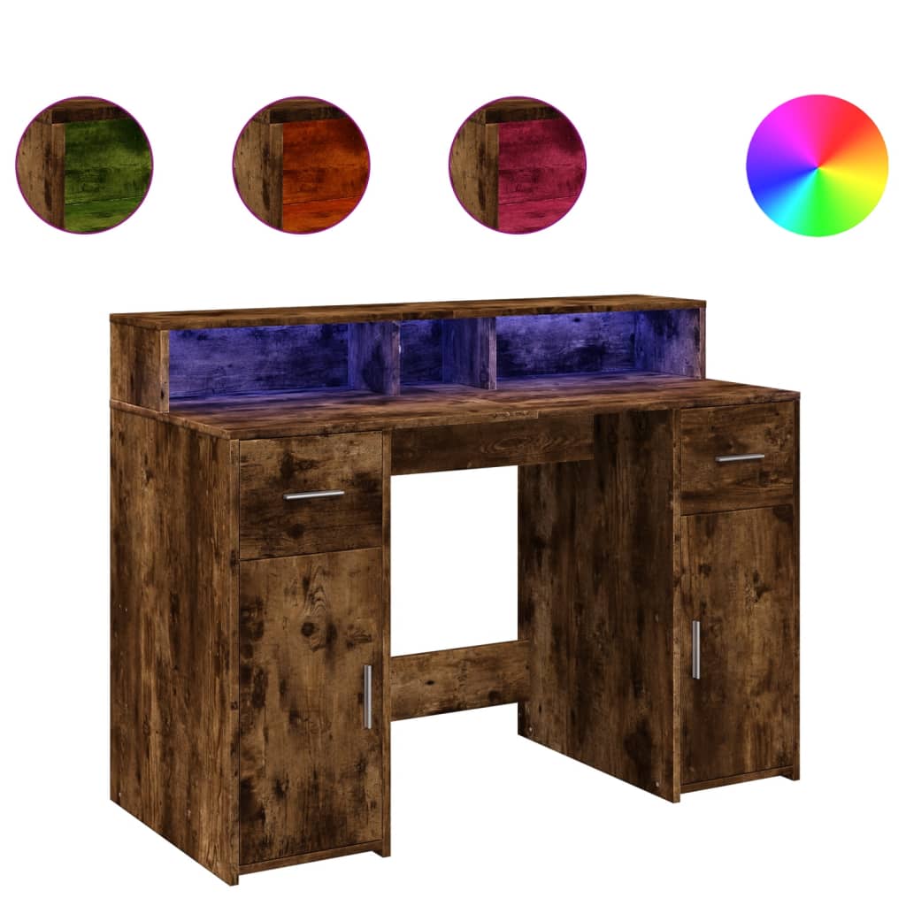 Scrivania con Luci LED Rovere Fumo 120x55x91 cm in Multistrato