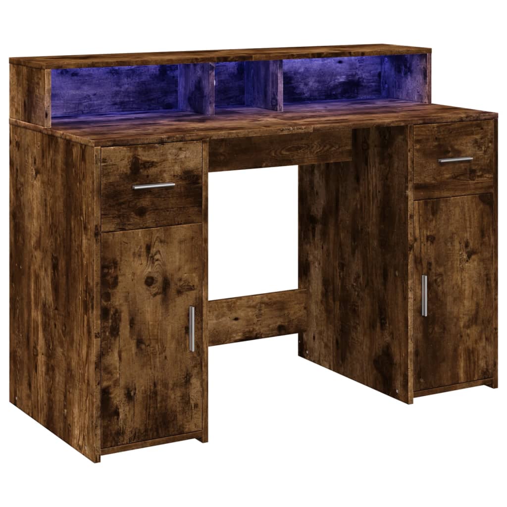 Scrivania con Luci LED Rovere Fumo 120x55x91 cm in Multistrato