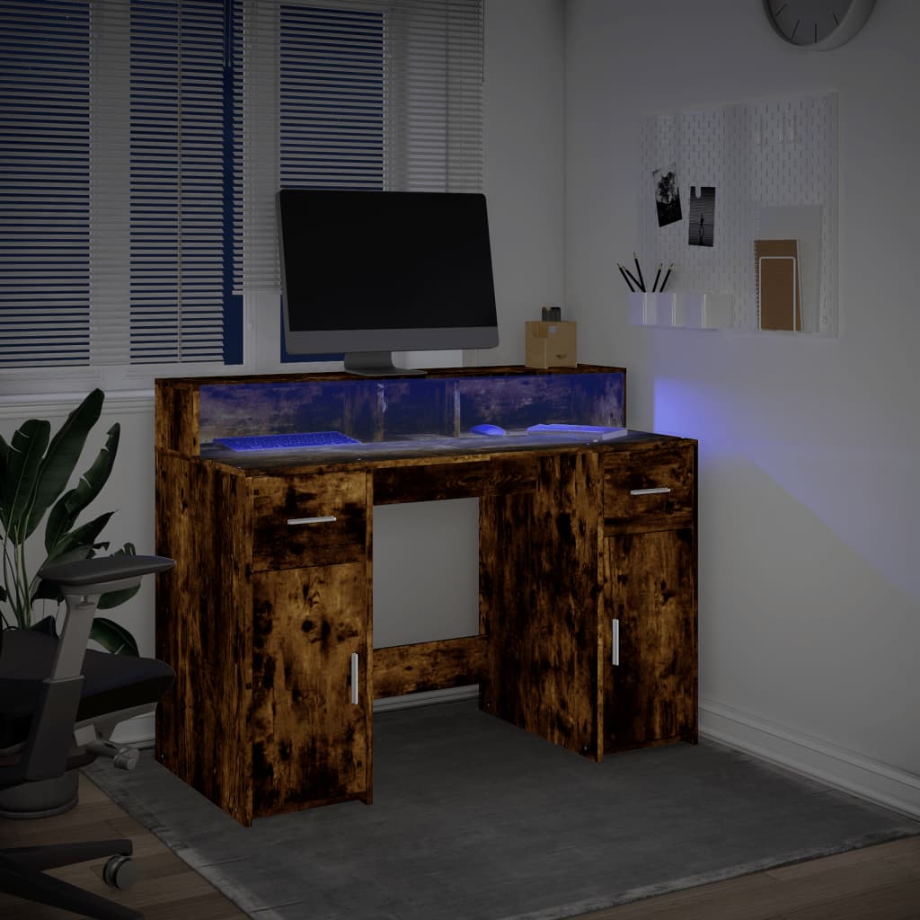 Scrivania con Luci LED Rovere Fumo 120x55x91 cm in Multistrato