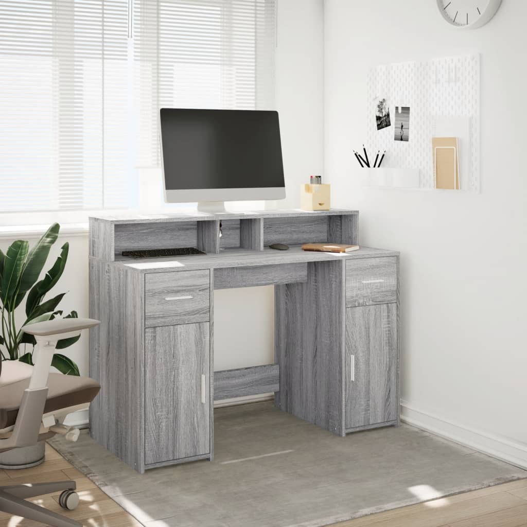 Scrivania con Luci LED Grigio Sonoma 120x55x91cm in Multistrato