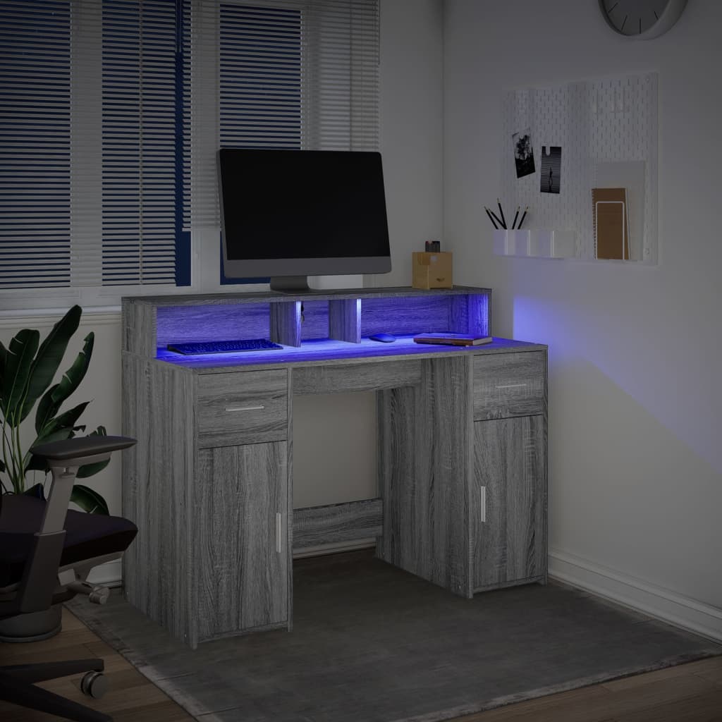 Scrivania con Luci LED Grigio Sonoma 120x55x91cm in Multistrato