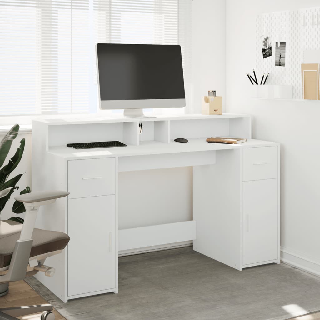 Scrivania con Luci LED Bianca 140x55x91 cm in Legno Multistrato