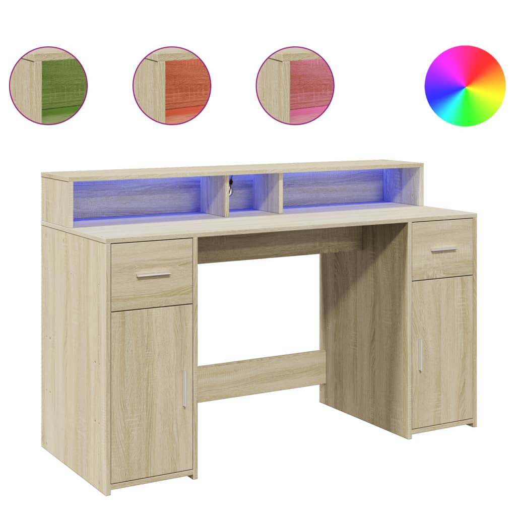 Scrivania con Luci LED Rovere Sonoma 140x55x91cm in Multistrato