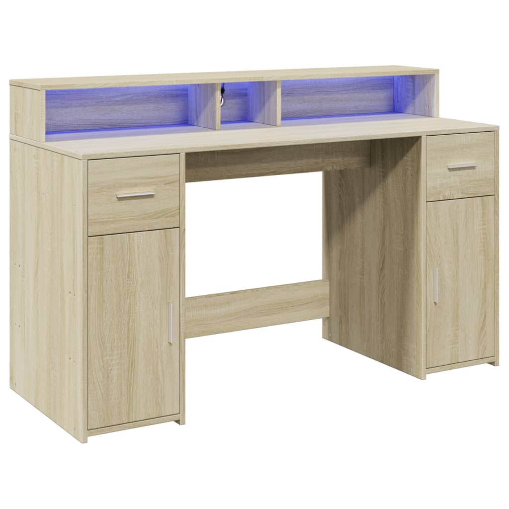 Scrivania con Luci LED Rovere Sonoma 140x55x91cm in Multistrato