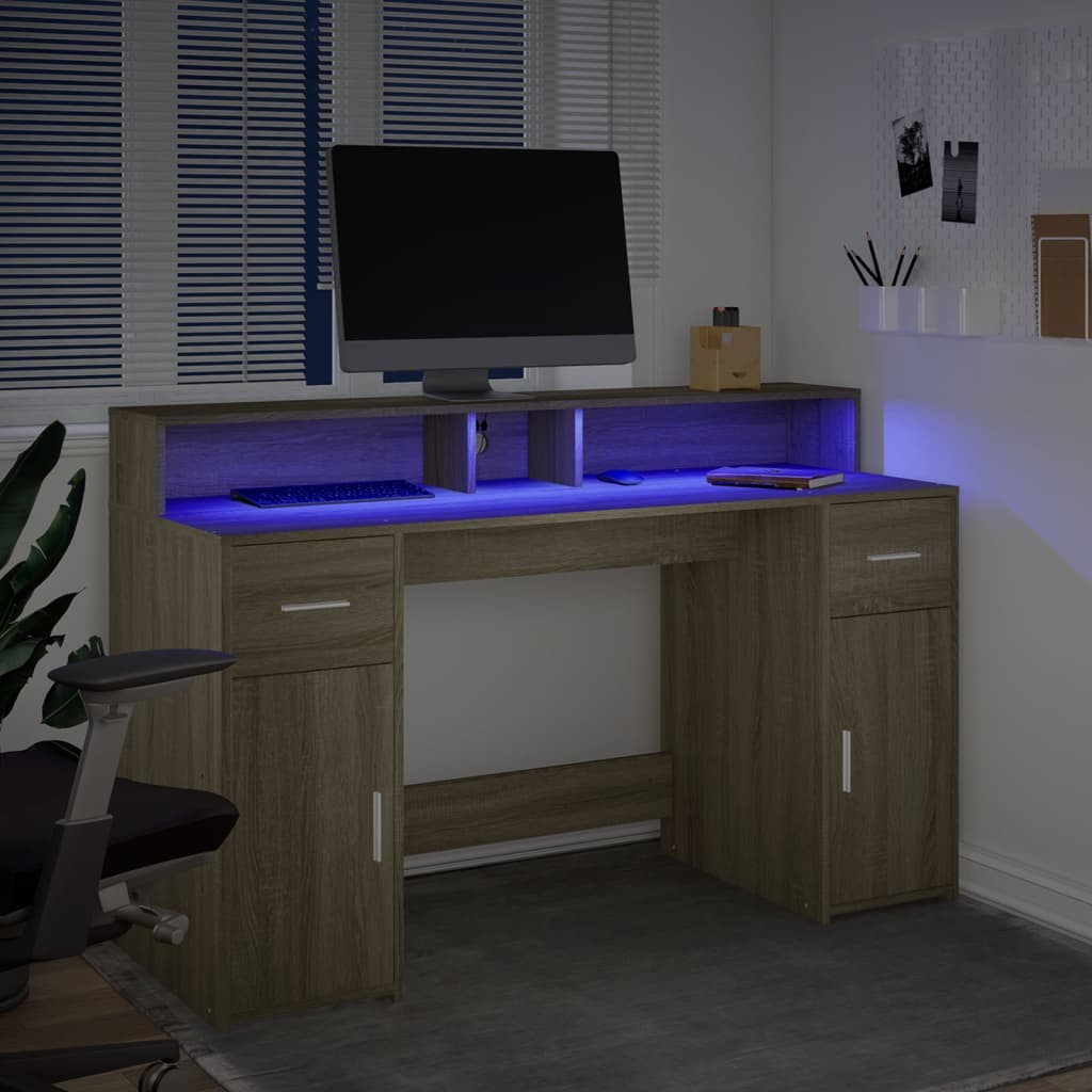 Scrivania con Luci LED Rovere Sonoma 140x55x91cm in Multistrato