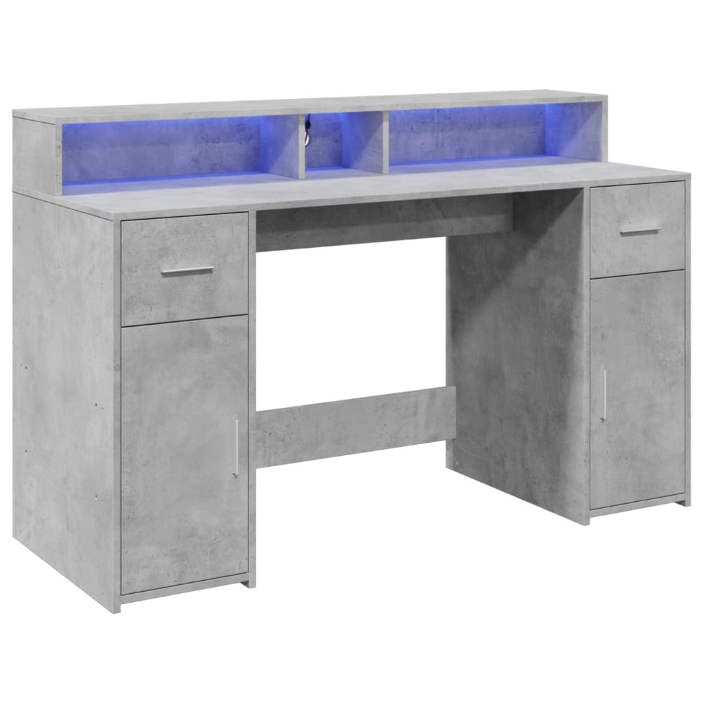 Scrivania con Luci LED Grigio Cemento 140x55x91 cm Multistrato