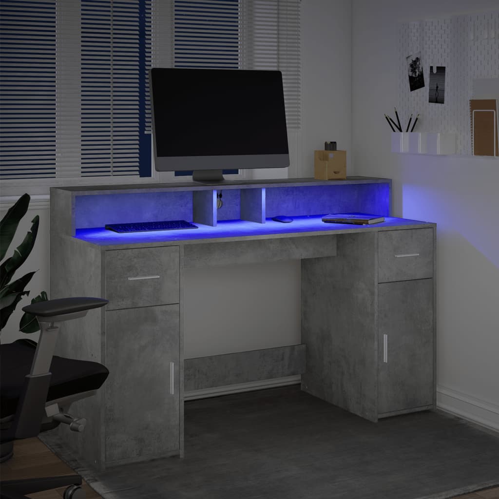 Scrivania con Luci LED Grigio Cemento 140x55x91 cm Multistrato