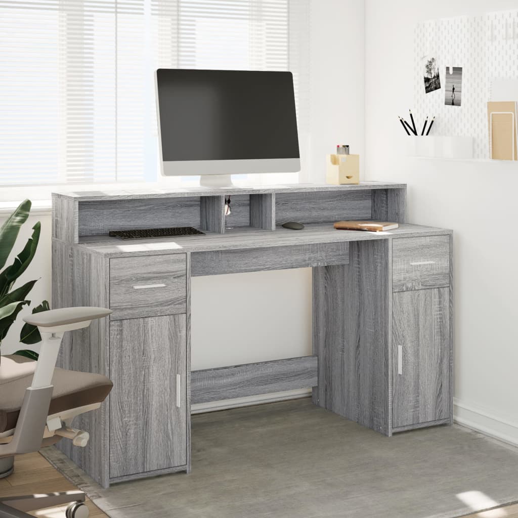 Scrivania con Luci LED Grigio Sonoma 140x55x91cm in Multistrato