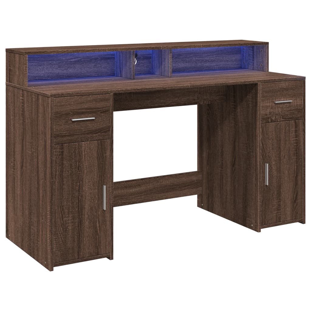 Scrivania con Luci LED Marrone Rovere 140x55x91 cm Multistrato