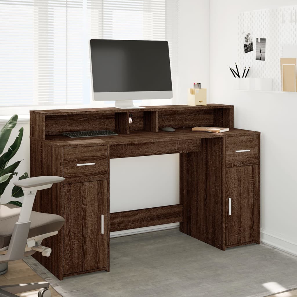 Scrivania con Luci LED Marrone Rovere 140x55x91 cm Multistrato