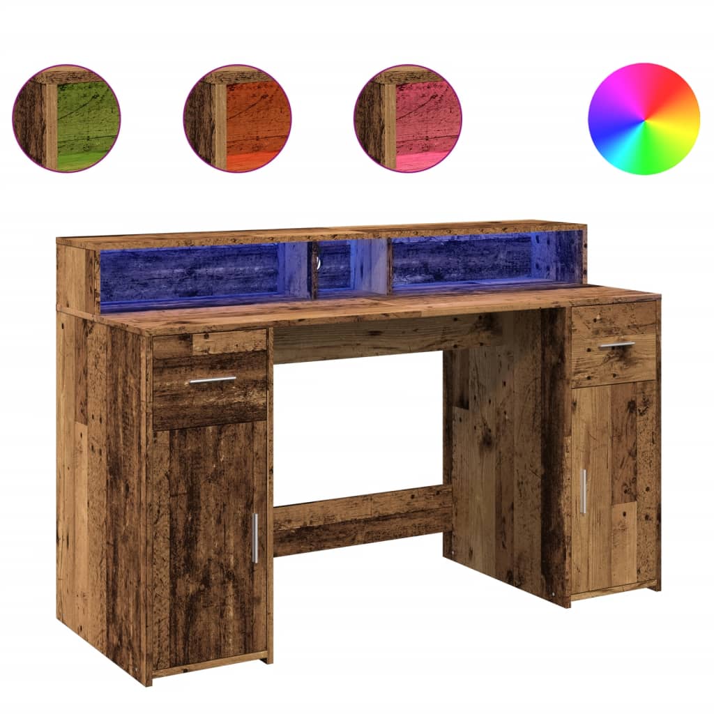 Scrivania con Luci LED Legno Antico 140x55x91 cm in Multistrato
