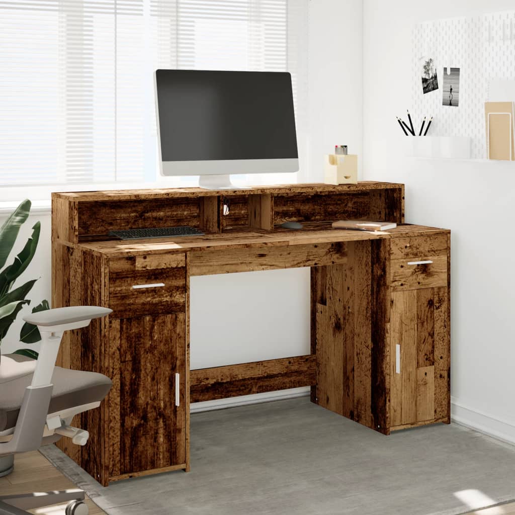 Scrivania con Luci LED Legno Antico 140x55x91 cm in Multistrato