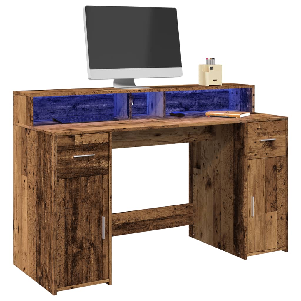 Scrivania con Luci LED Legno Antico 140x55x91 cm in Multistrato