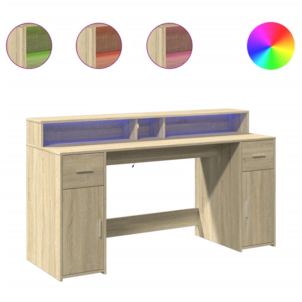 Scrivania con Luci LED Rovere Sonoma 160x55x91cm in Multistrato