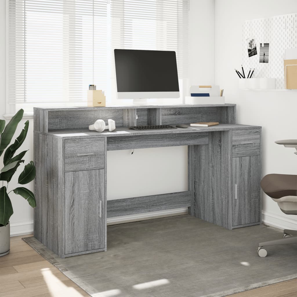 Scrivania con Luci LED Grigio Sonoma 160x55x91cm in Multistrato