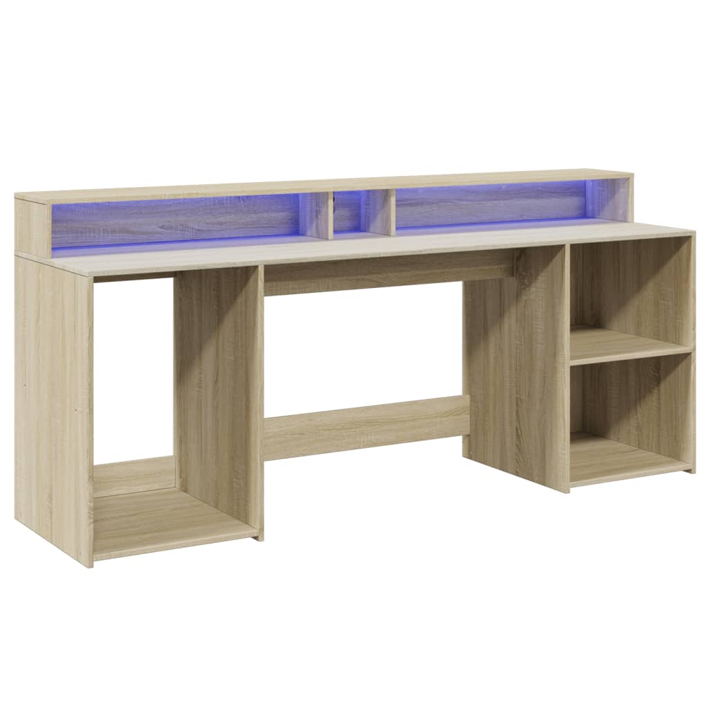 Scrivania con Luci LED Rovere Sonoma 200x55x91cm in Truciolato