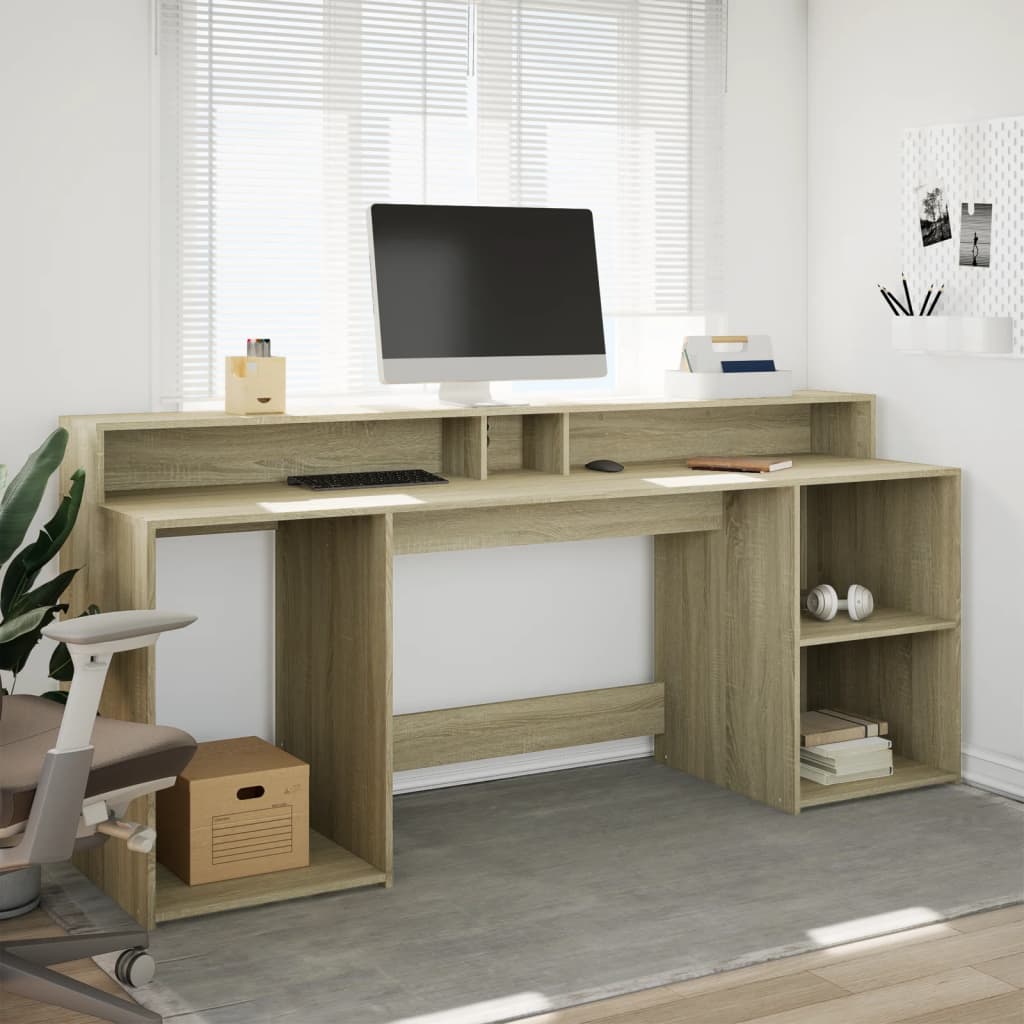 Scrivania con Luci LED Rovere Sonoma 200x55x91cm in Truciolato