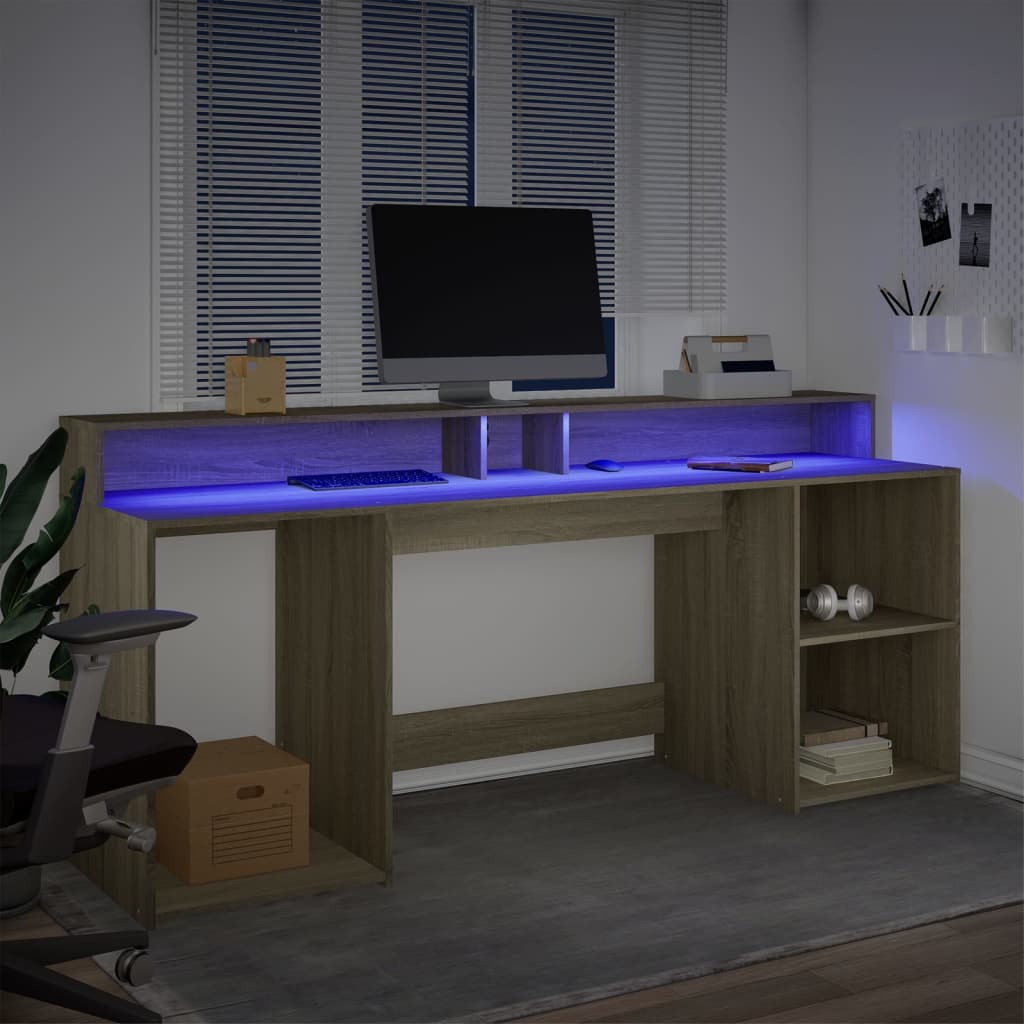Scrivania con Luci LED Rovere Sonoma 200x55x91cm in Truciolato