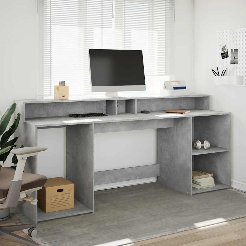 Scrivania con Luci LED Grigio Cemento 200x55x91 cm Truciolato