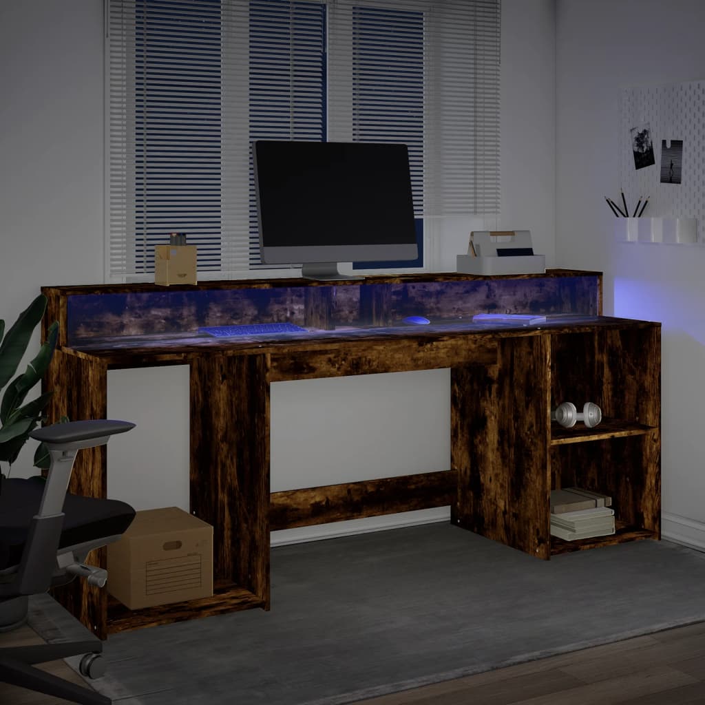 Scrivania con Luci LED Rovere Fumo 200x55x91 cm in Truciolato