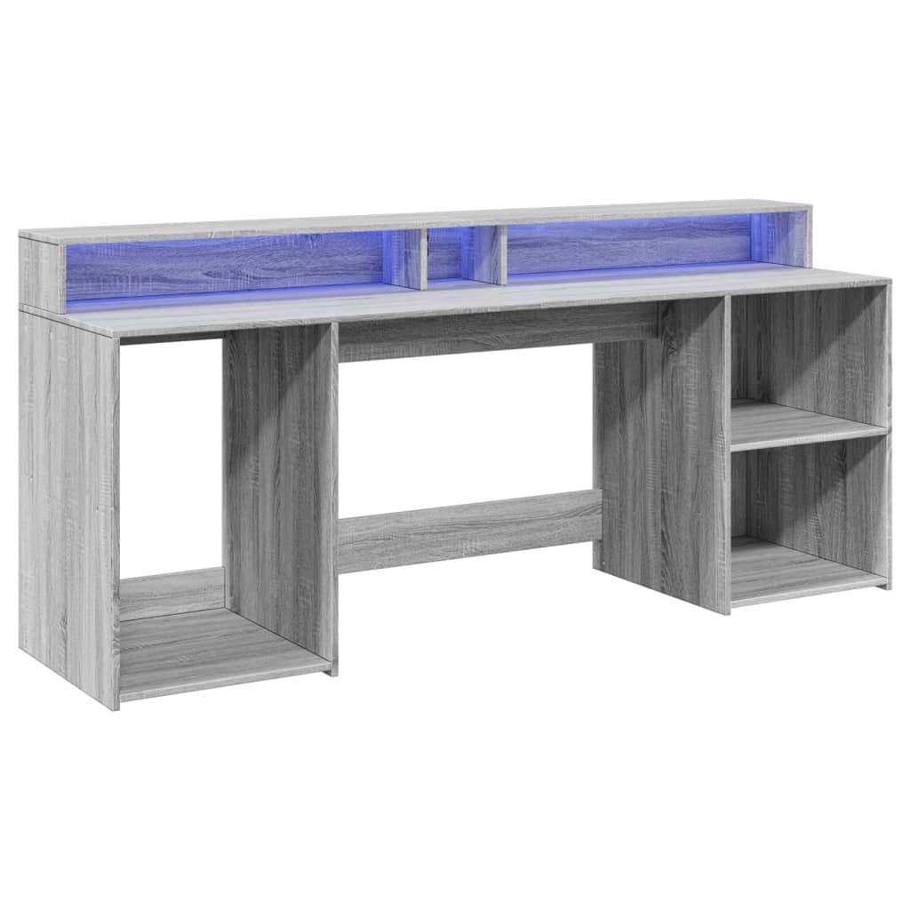 Scrivania con Luci LED Grigio Sonoma 200x55x91cm in Truciolato