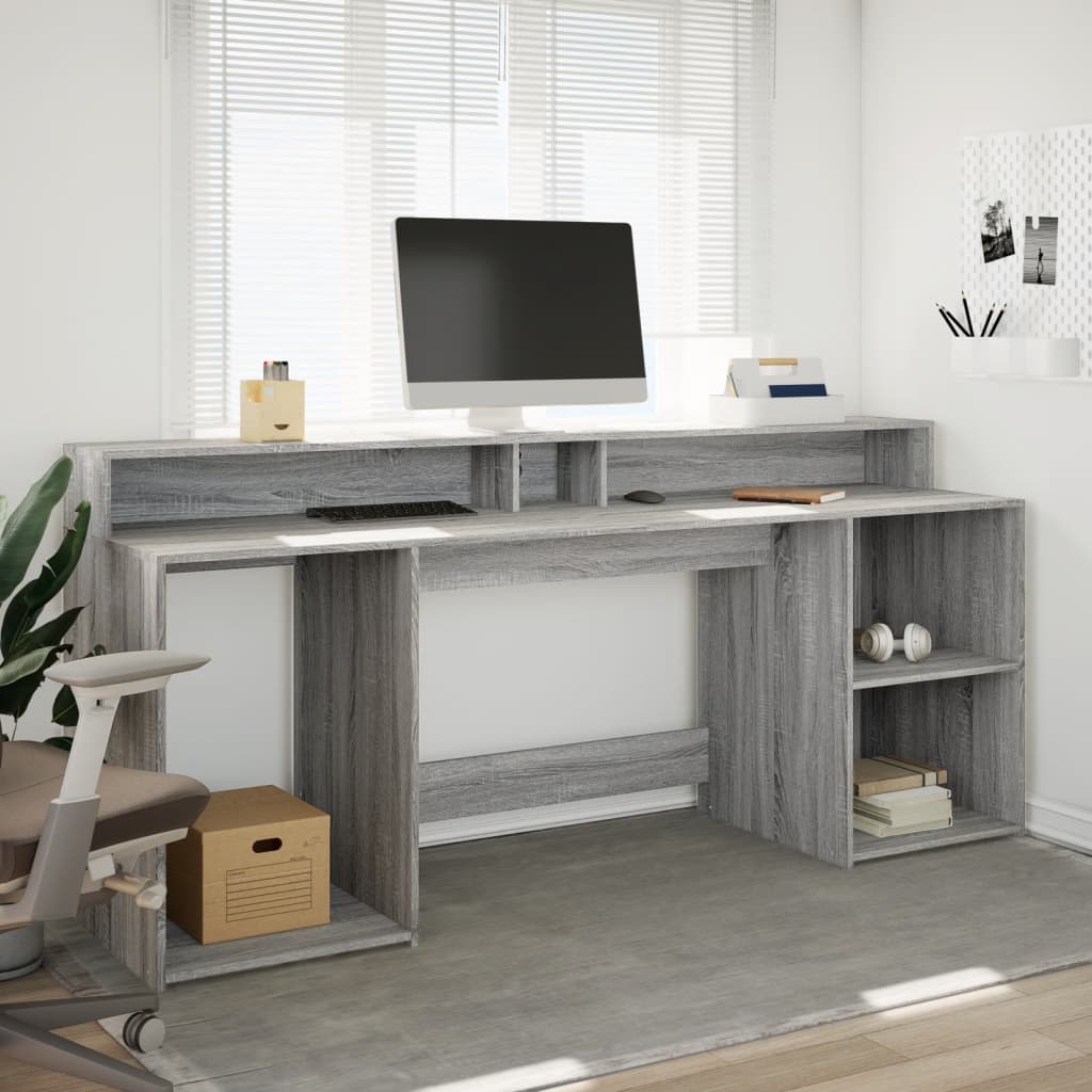 Scrivania con Luci LED Grigio Sonoma 200x55x91cm in Truciolato