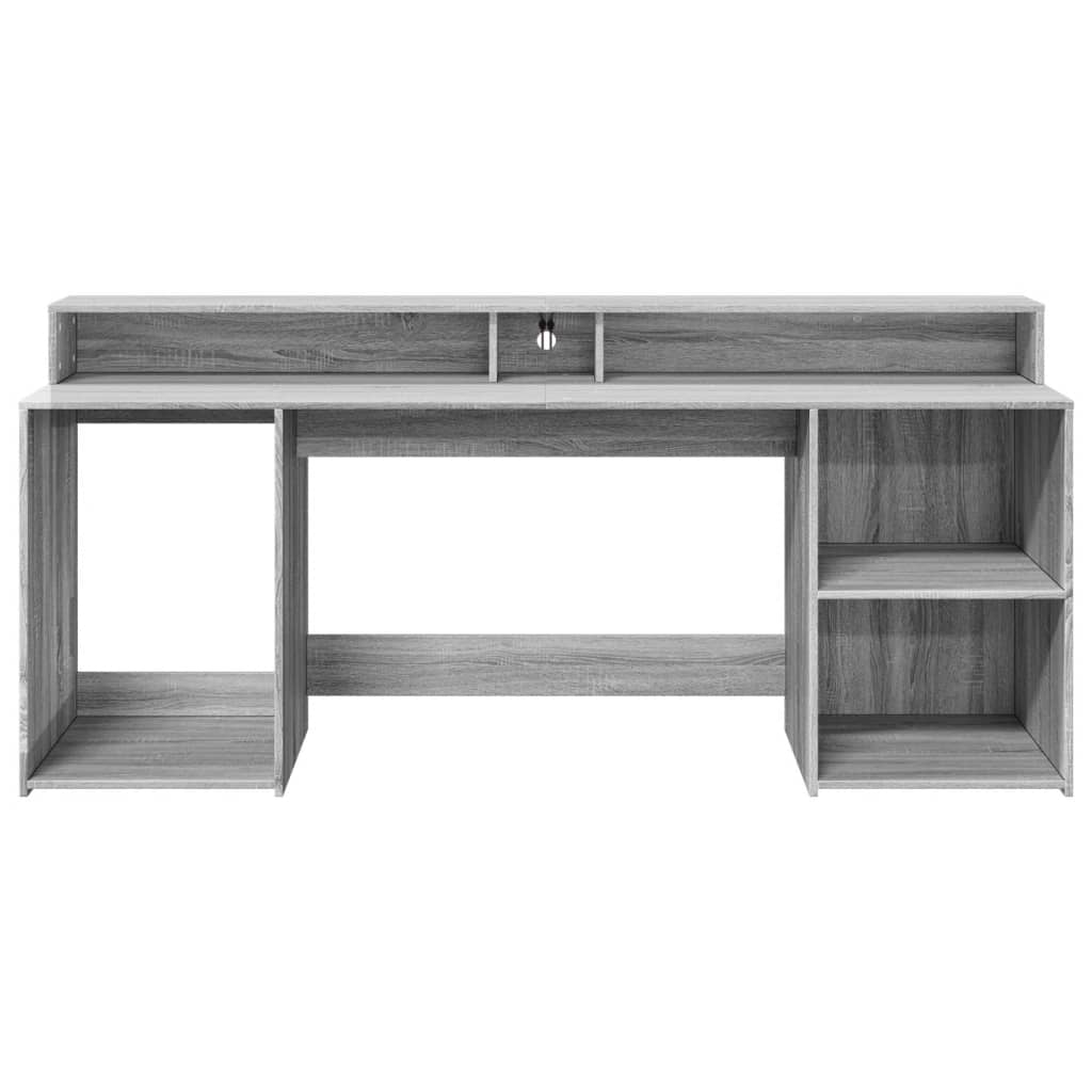 Scrivania con Luci LED Grigio Sonoma 200x55x91cm in Truciolato
